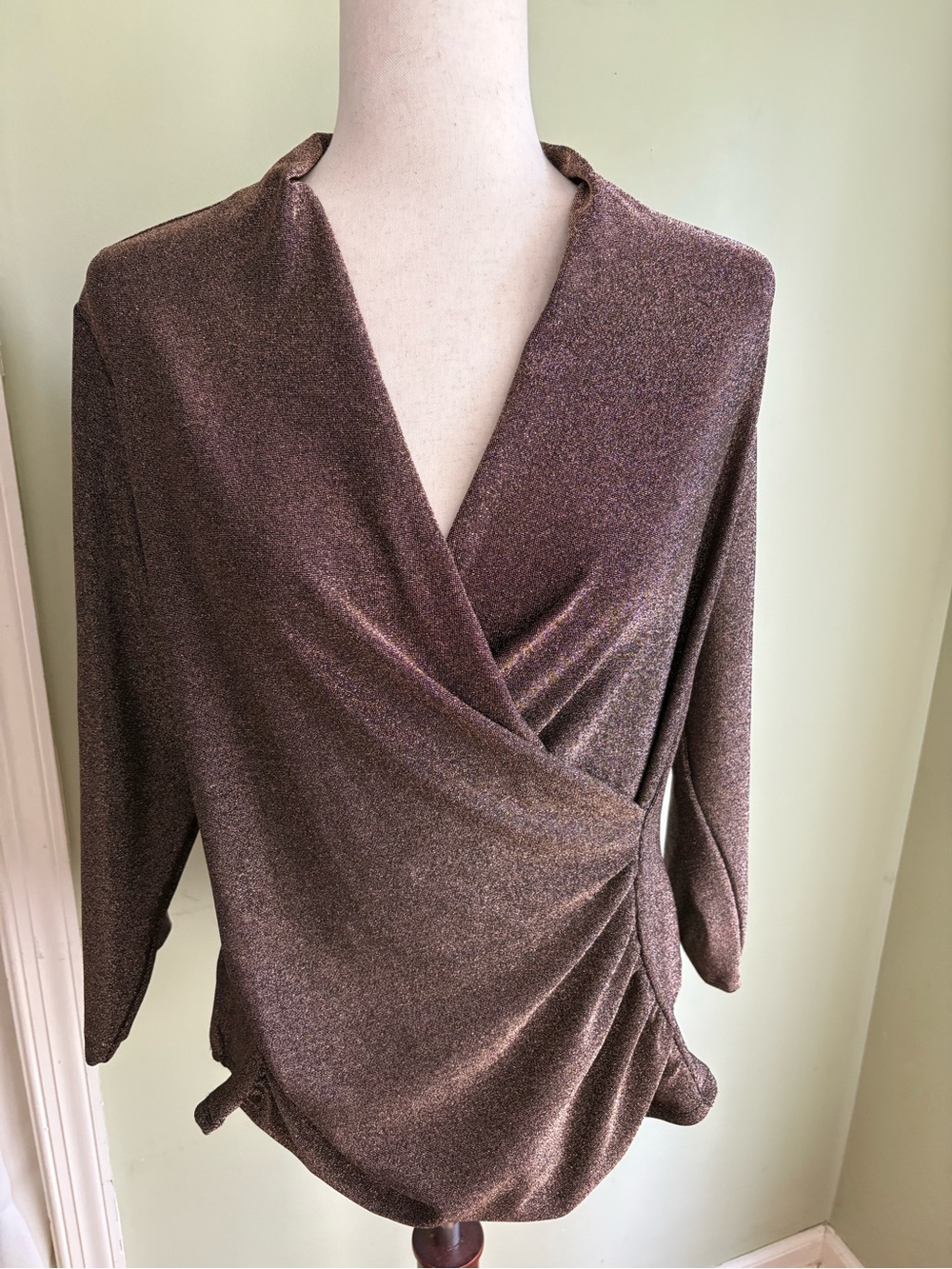 Chenault Metallic Bronze Ruched Wrap-Front Women’s Top. Size XL